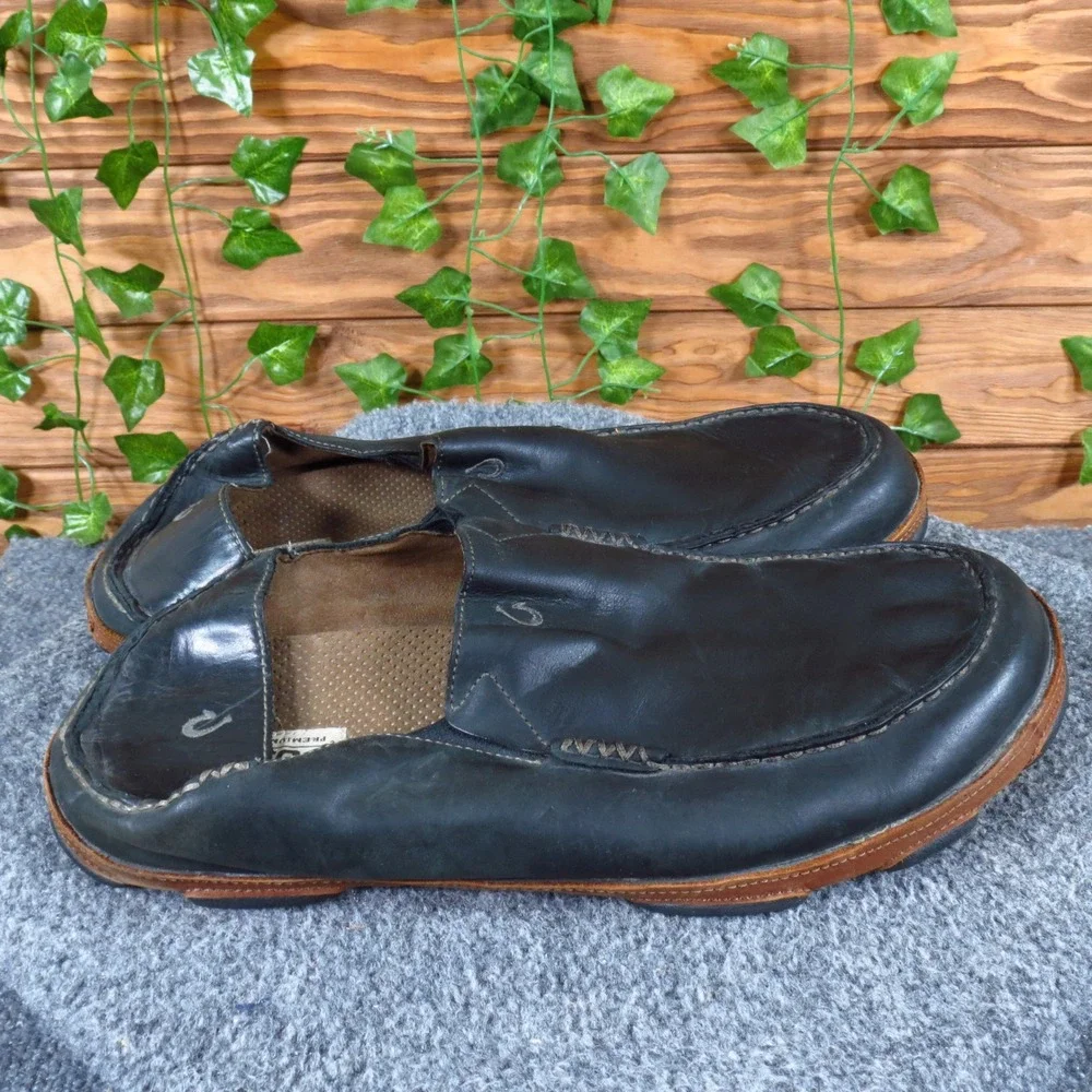 OluKai Moloa Mens Slip On Loafer Size 13 Casual‎ Walking Shoe Black Leather